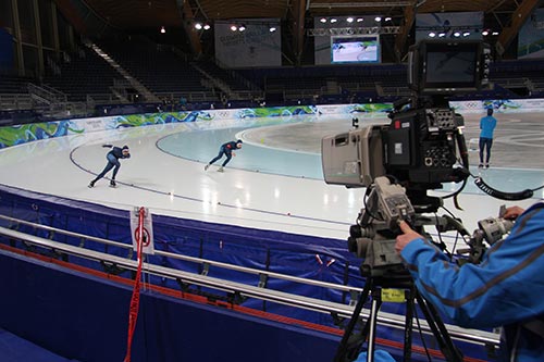 Camera filming olympic speed skaters