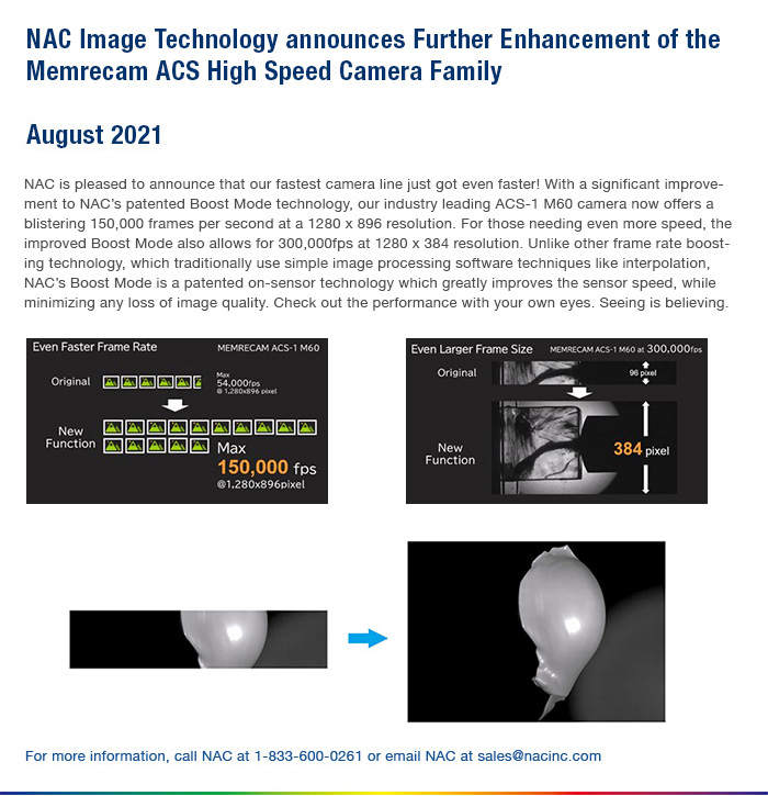 NAC Image Technology announces Further Enhancement of the Memrecam ACS High Speed Camera Family
