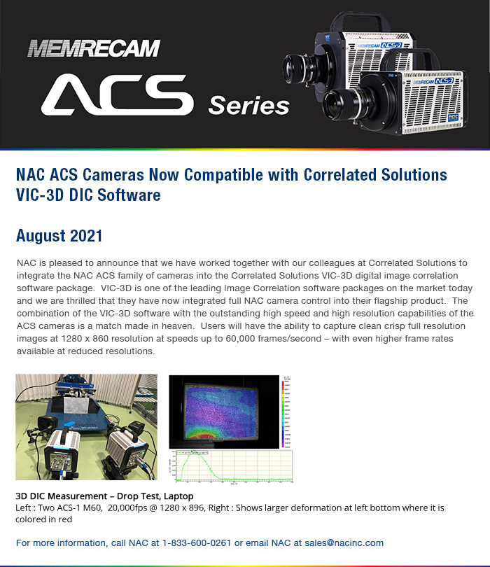NAC ACS Cameras Now Compatible with Correlated Solutions VIC-3D DIC Software